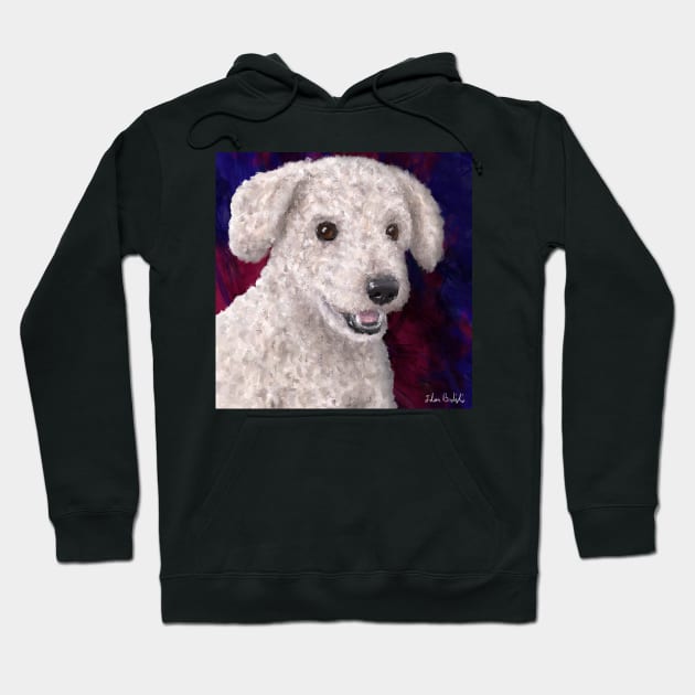 Painting of a Cute Fluffy White Maltipoo Smiling on Red and Purple Background Hoodie by ibadishi